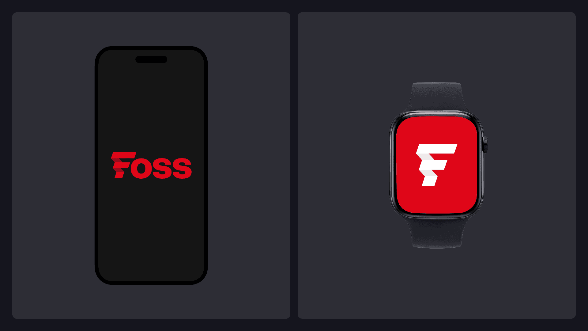 The Foss wordmark on a phone and the F symbol on a smartwatch