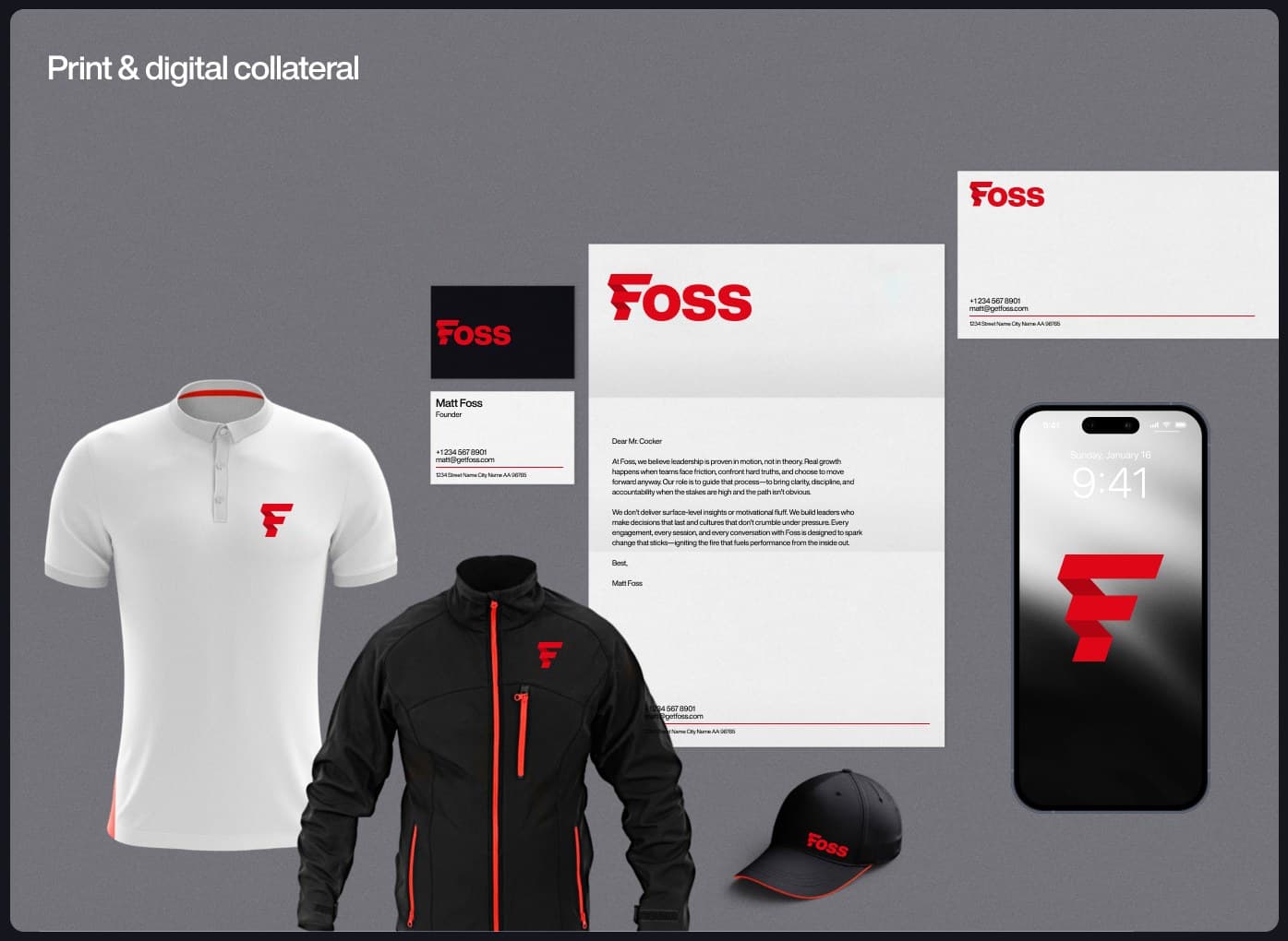 Foss print and digital collateral: a polo, a jacket, business cards, letterhead, a phone, and a cap