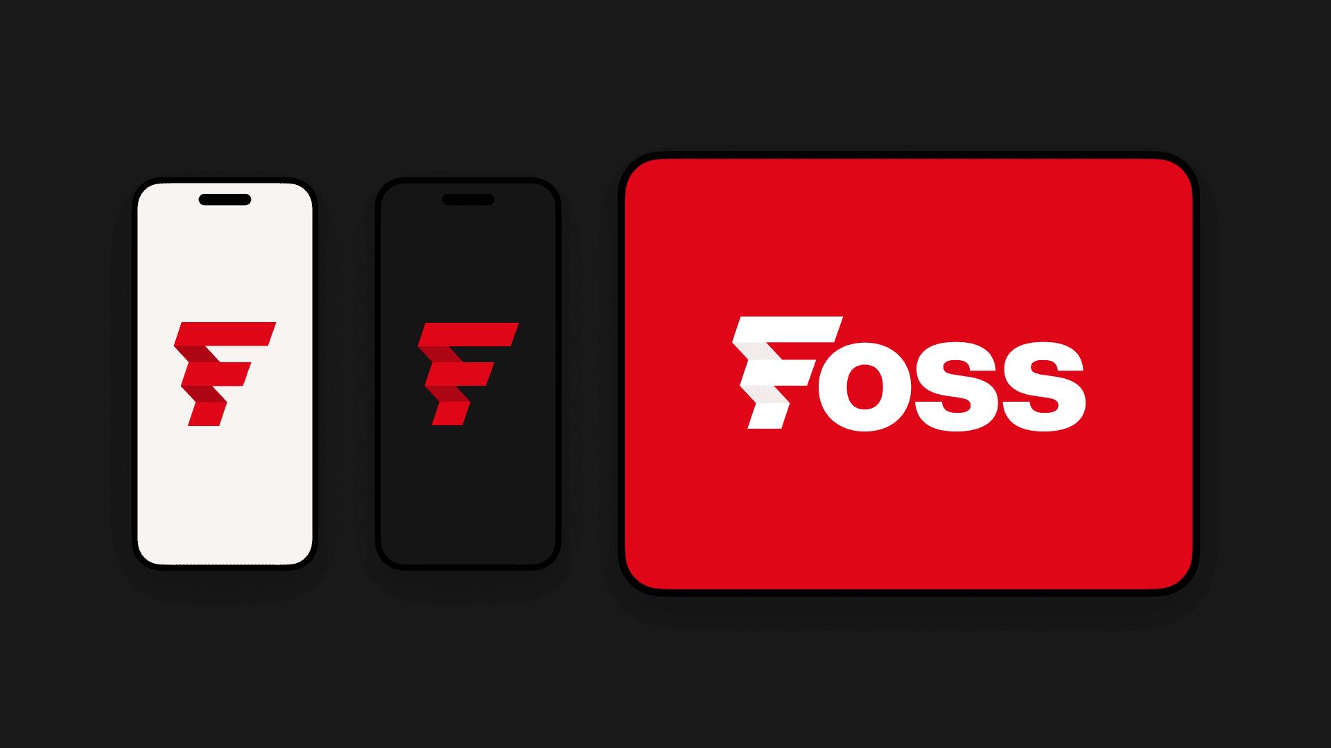 Foss logos on two phones and a red tablet