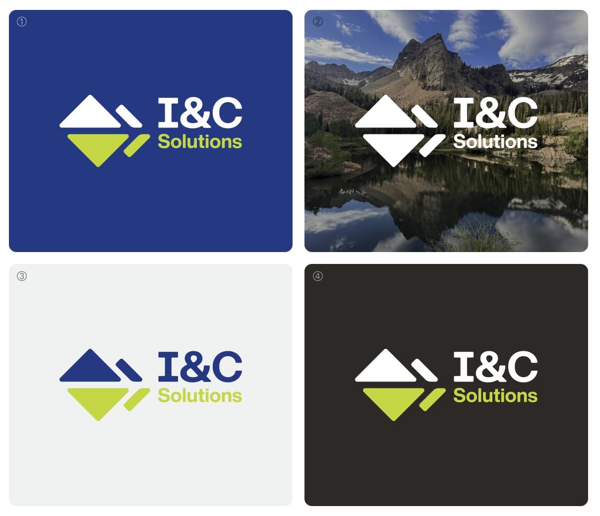 The I&C Solutions wordmark on blue, on a mountain photo, on light grey, and on charcoal
