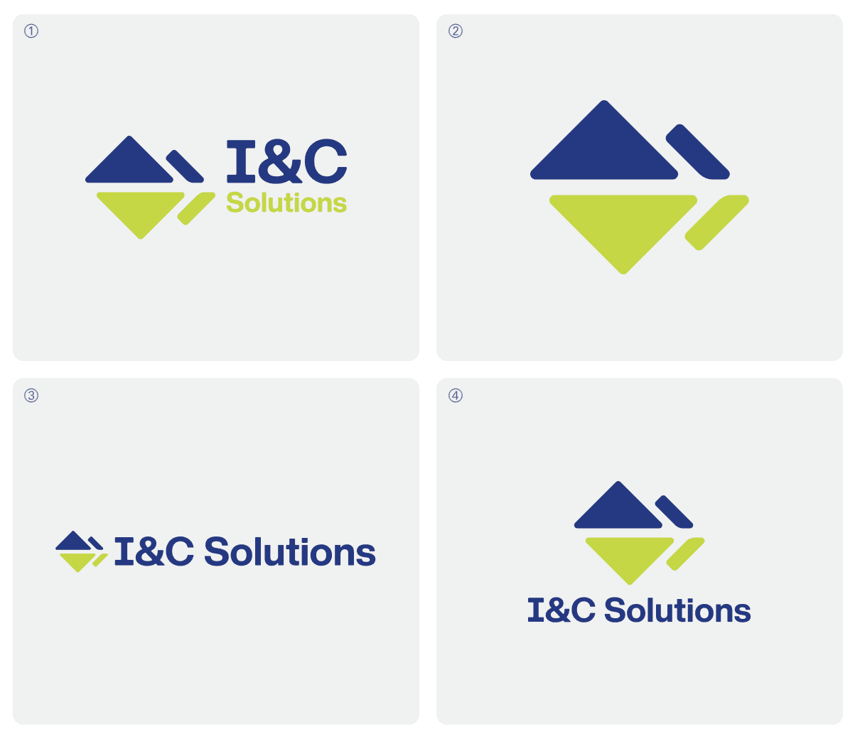 Four I&C Solutions logo variations: primary, symbol, wide, and stacked