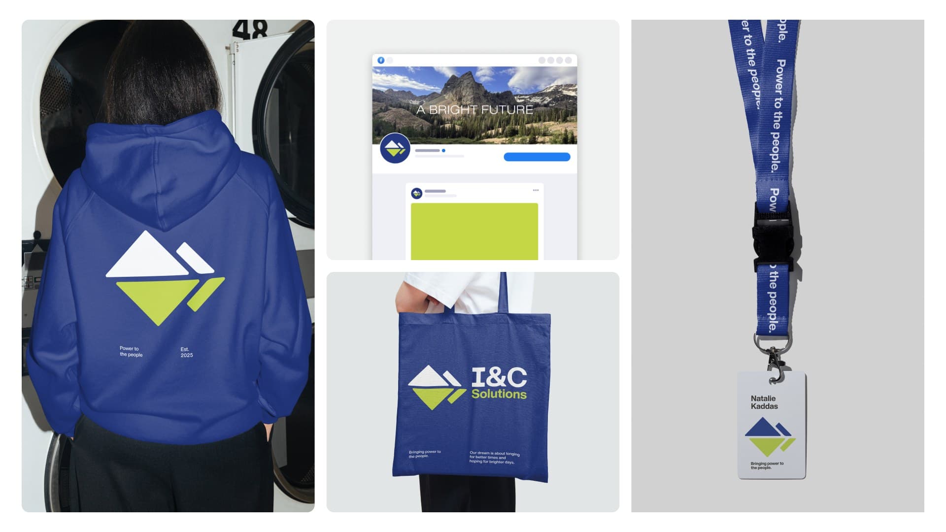 I&C Solutions applications: a hoodie, a social post, a tote bag, and a lanyard badge