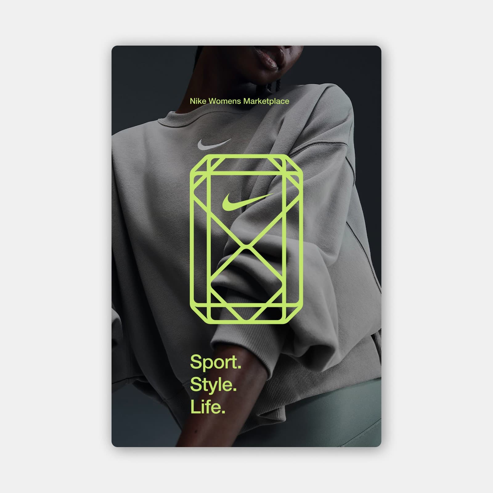 Poster pairing the gemstone mark with an athlete in a grey sweatshirt and the line Sport. Style. Life.