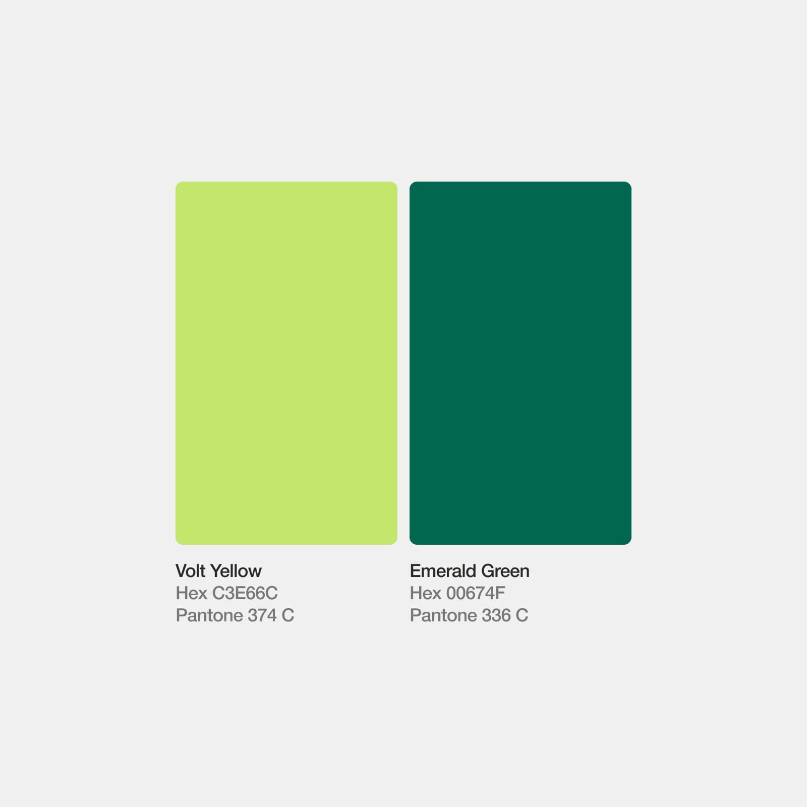 Color palette: Volt Yellow, hex C3E66C, Pantone 374 C, and Emerald Green, hex 00674F, Pantone 336 C