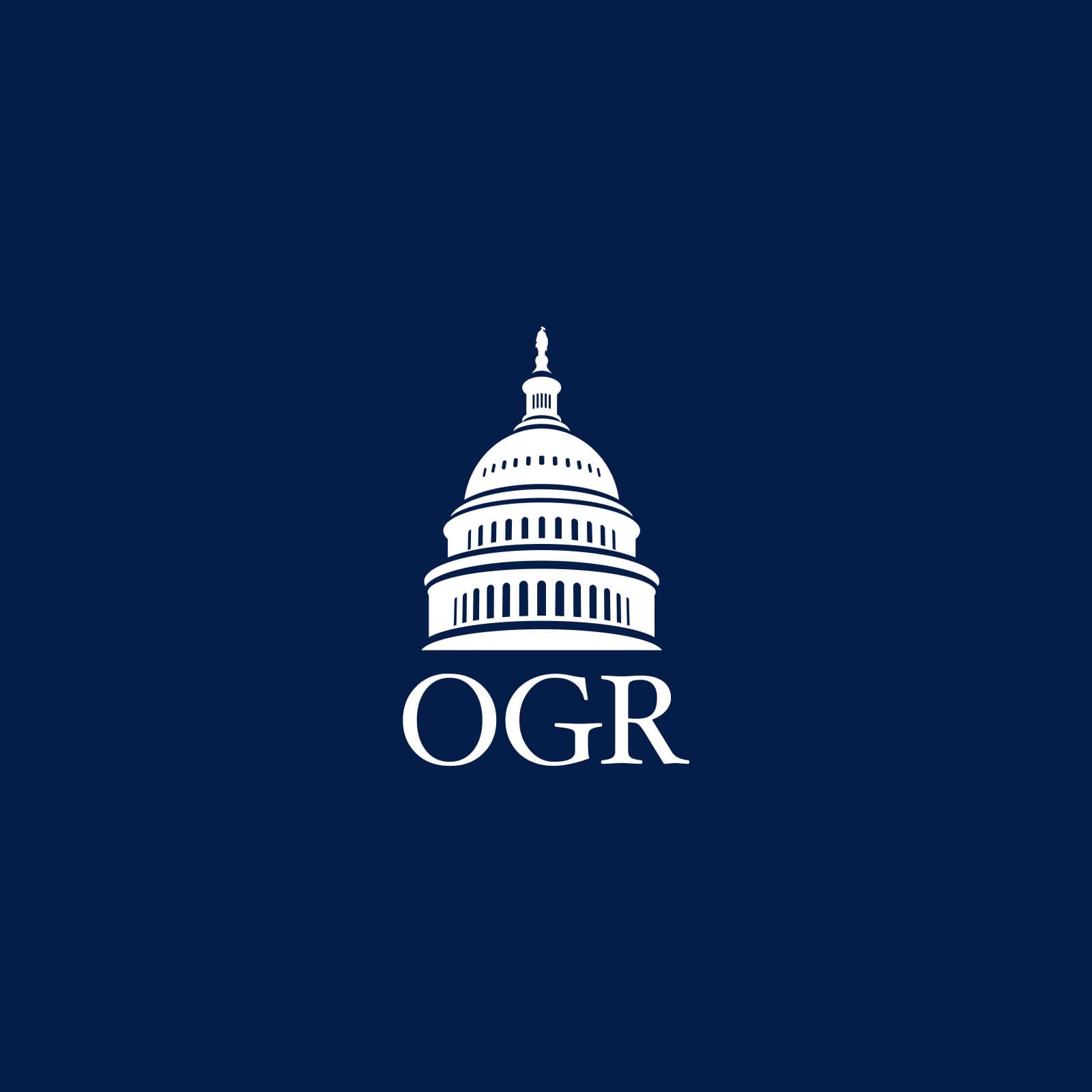 Stacked OGR logo, the Capitol dome above the letters, in white on navy