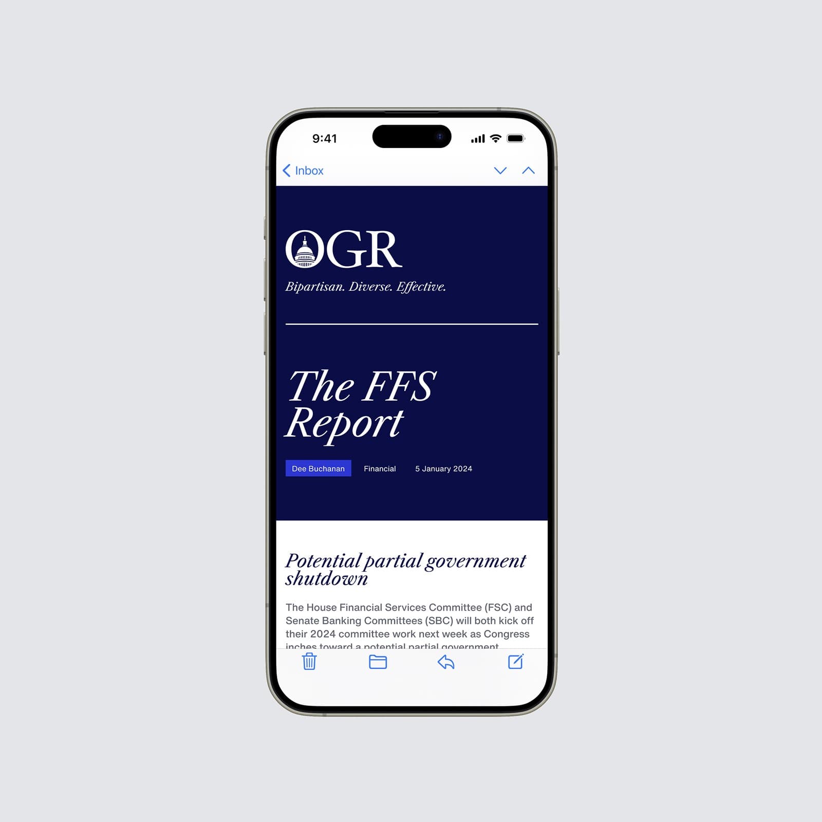 OGR's FFS Report email on a phone