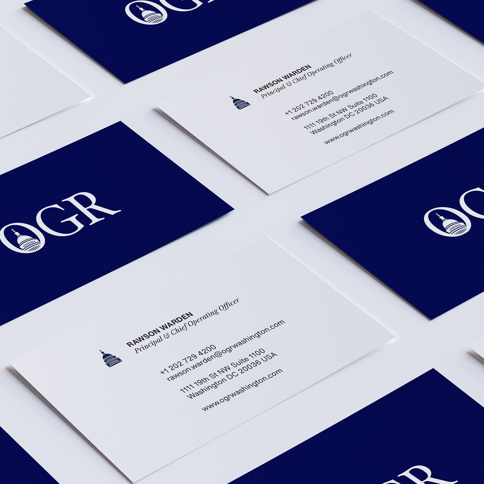 Navy and white OGR business cards