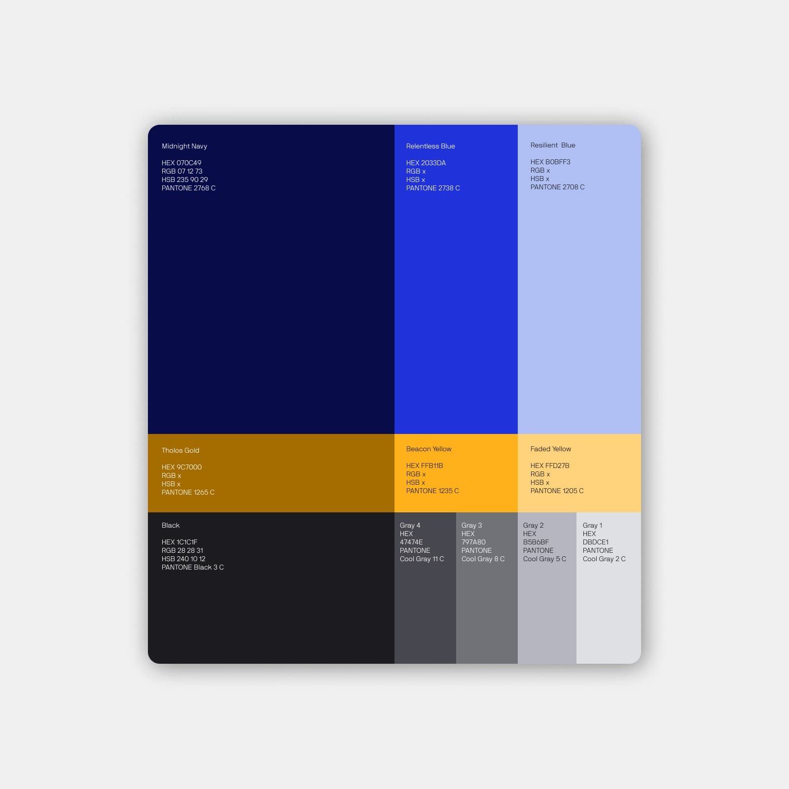 OGR color palette: navy, bright blue, periwinkle, gold, yellow, and greys