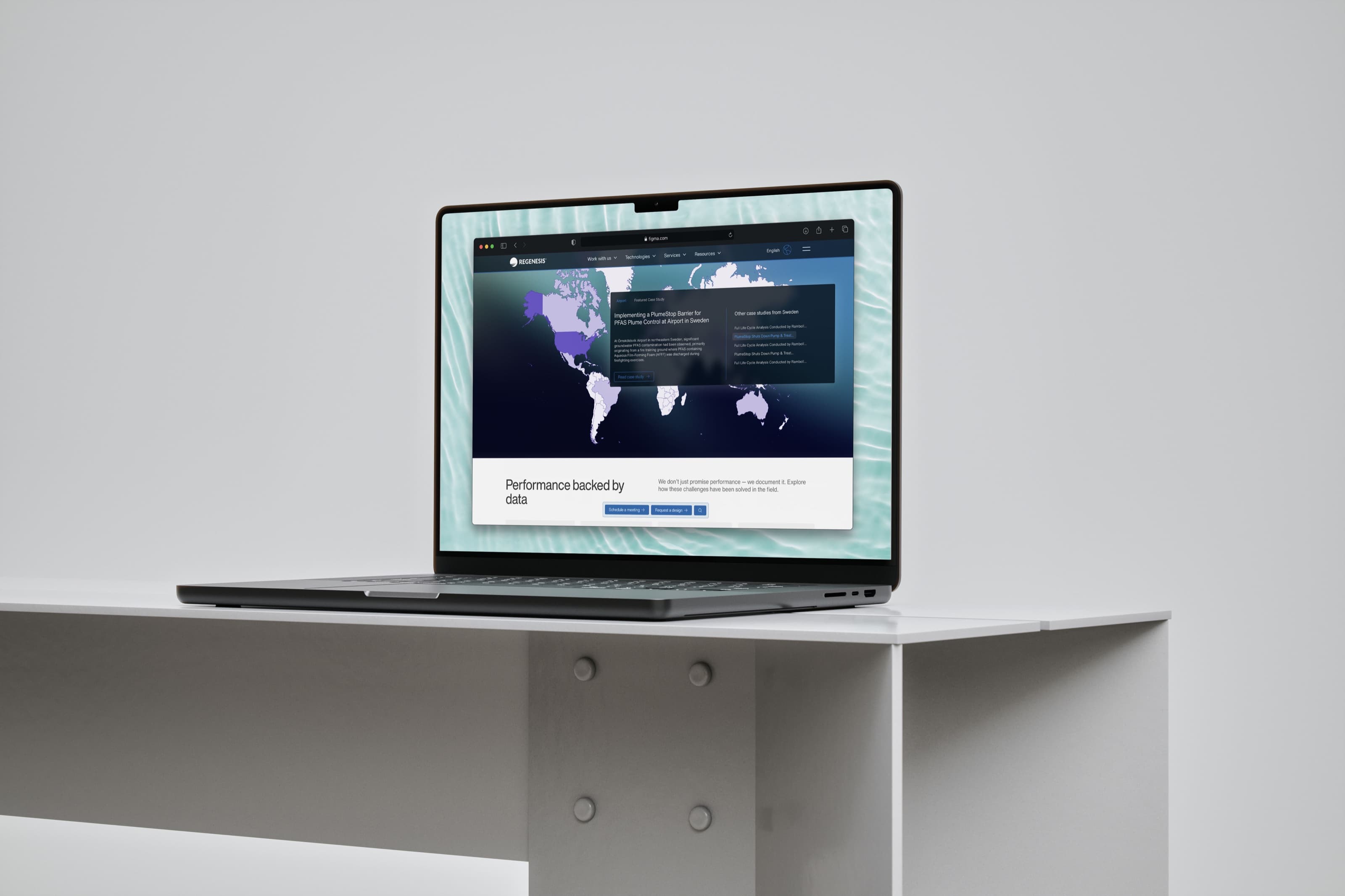 Regenesis world map of project sites, headed Performance backed by data, on a laptop