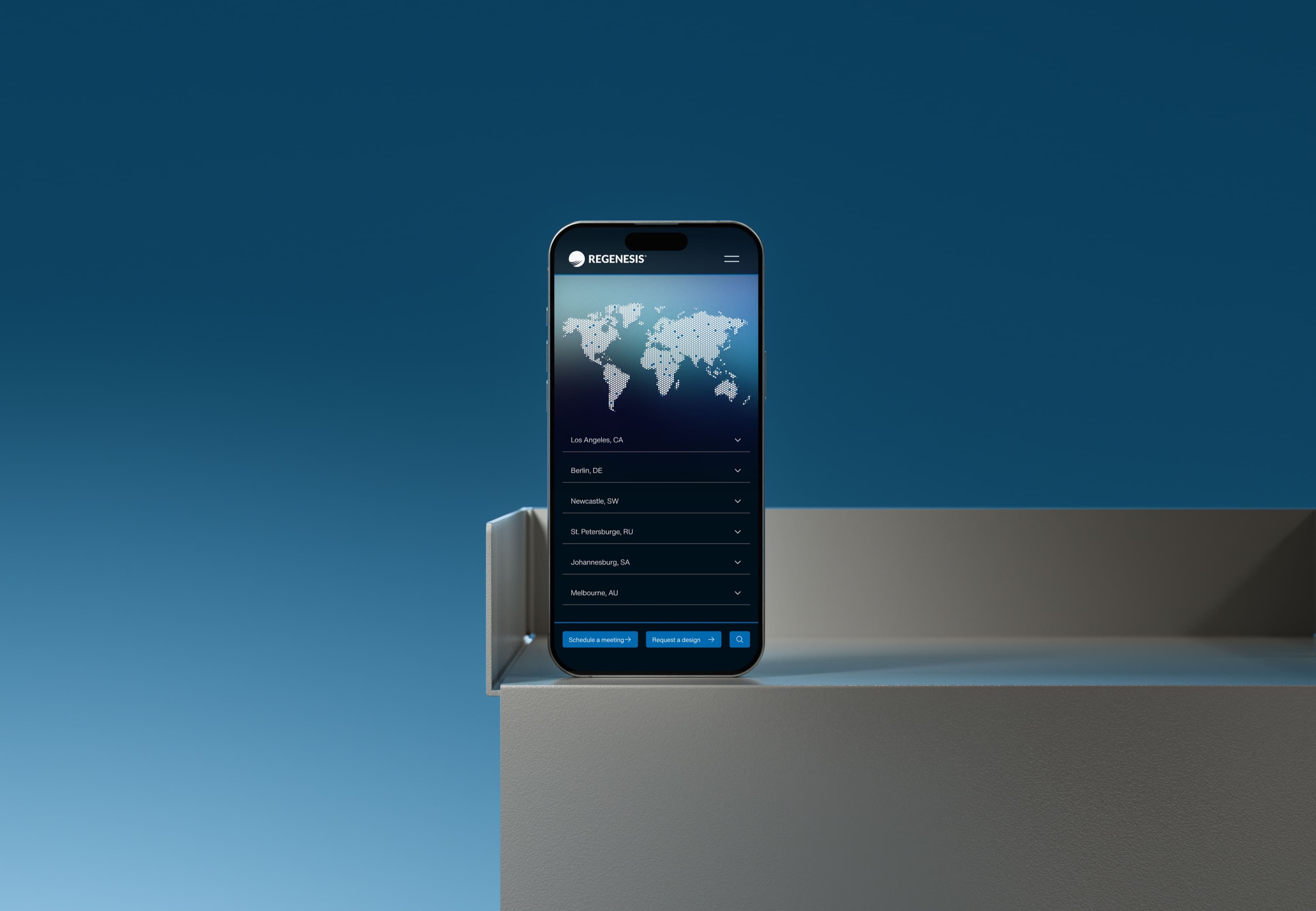 Regenesis world map on a phone, with case studies listed by country
