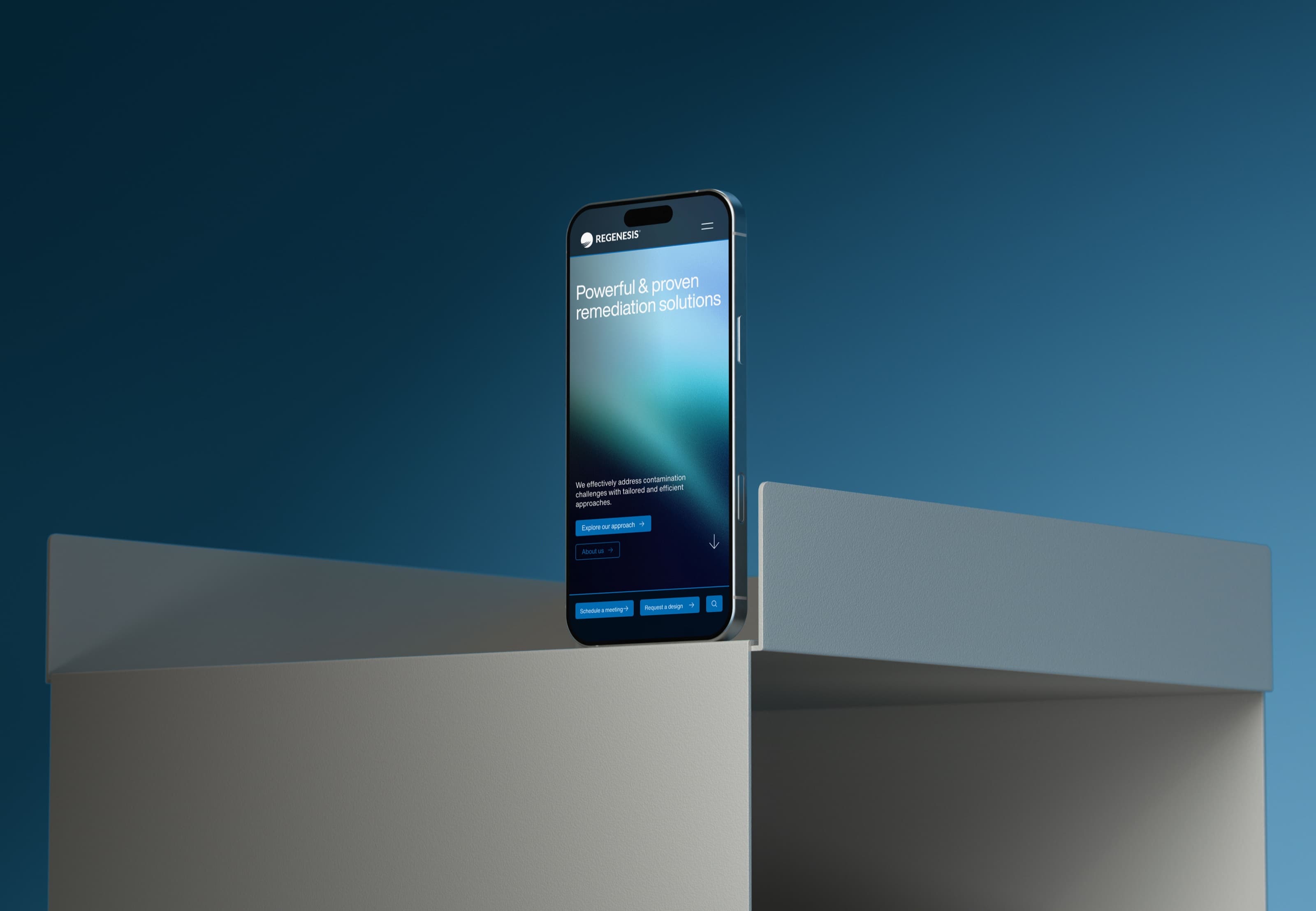 Regenesis homepage on a phone, standing on a stone pedestal against a blue backdrop