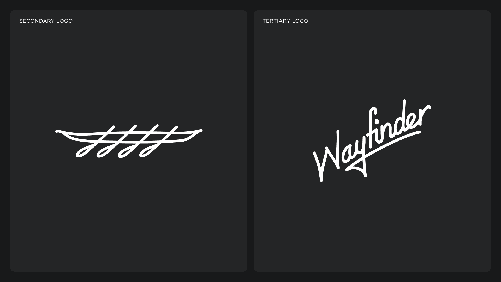 Wayfinder's secondary logo, the canoe mark, and tertiary logo, the Wayfinder script, in white on charcoal