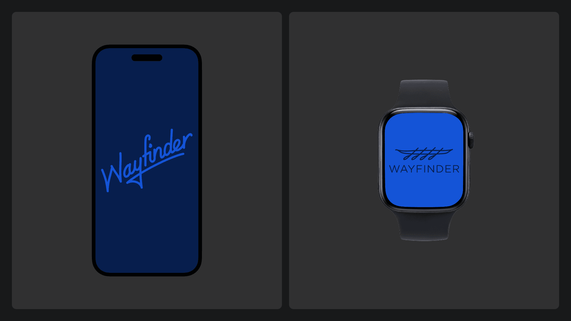 The Wayfinder script on a navy phone screen and the logo on a smartwatch
