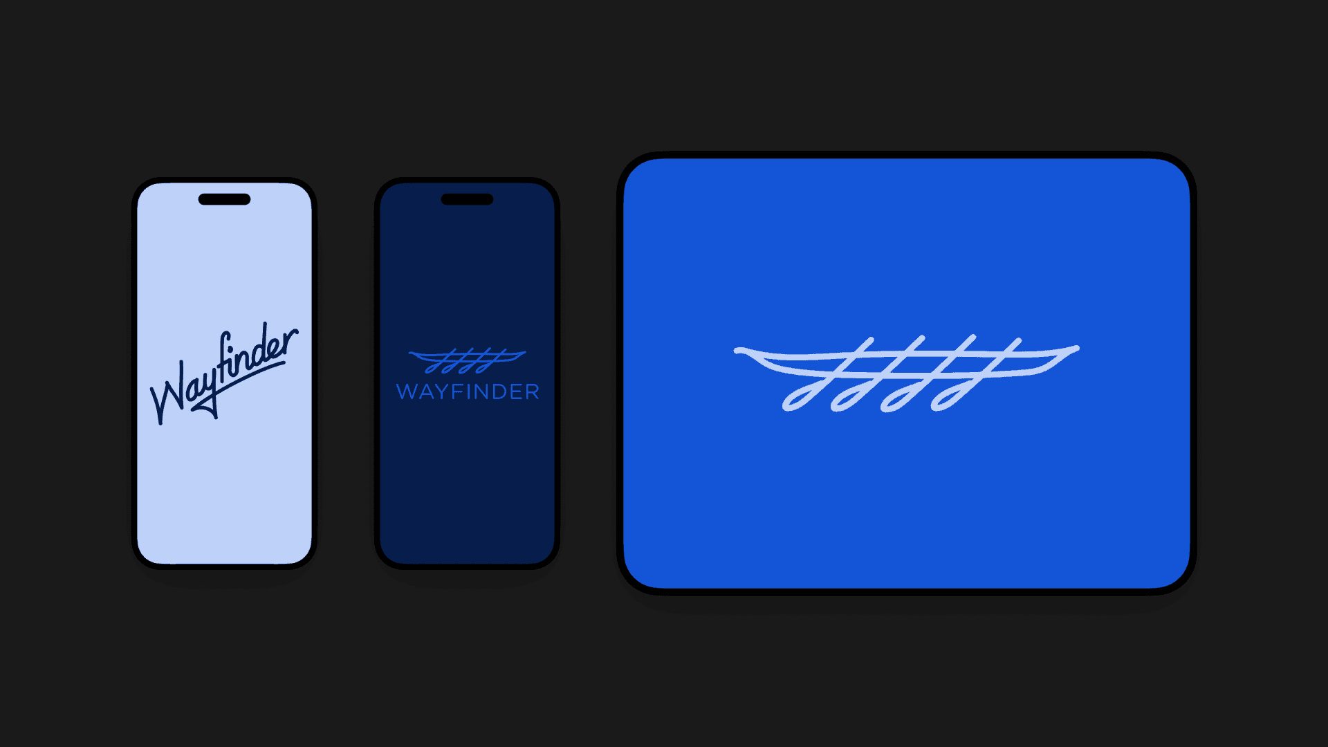 Wayfinder logos on two phones and a tablet