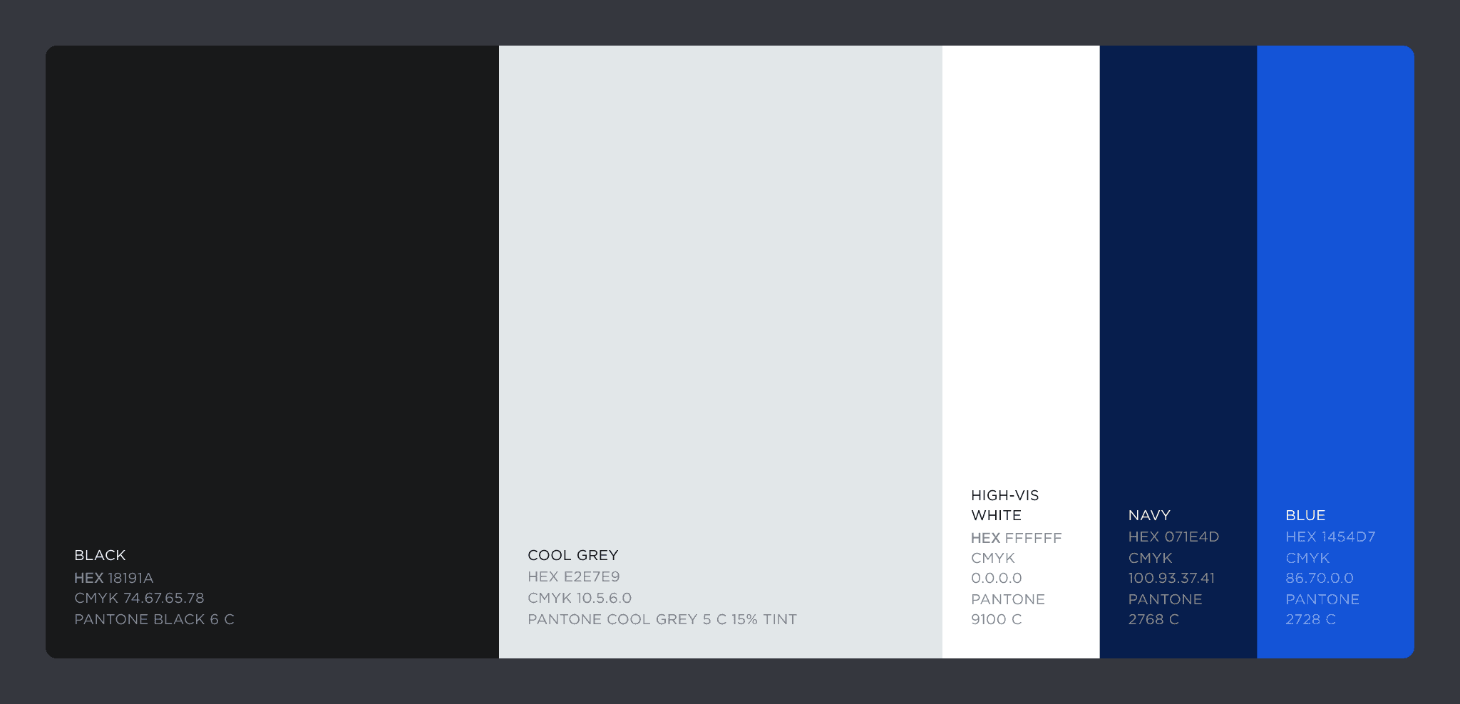 Wayfinder's primary palette: Black, Cool Grey, High-Vis White, Navy, and Blue
